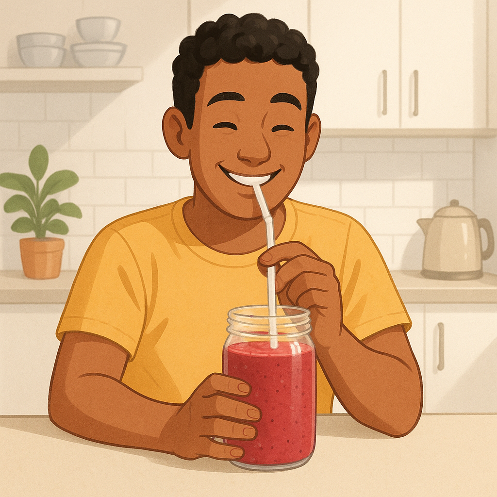 Person drinking a raspberry smoothie