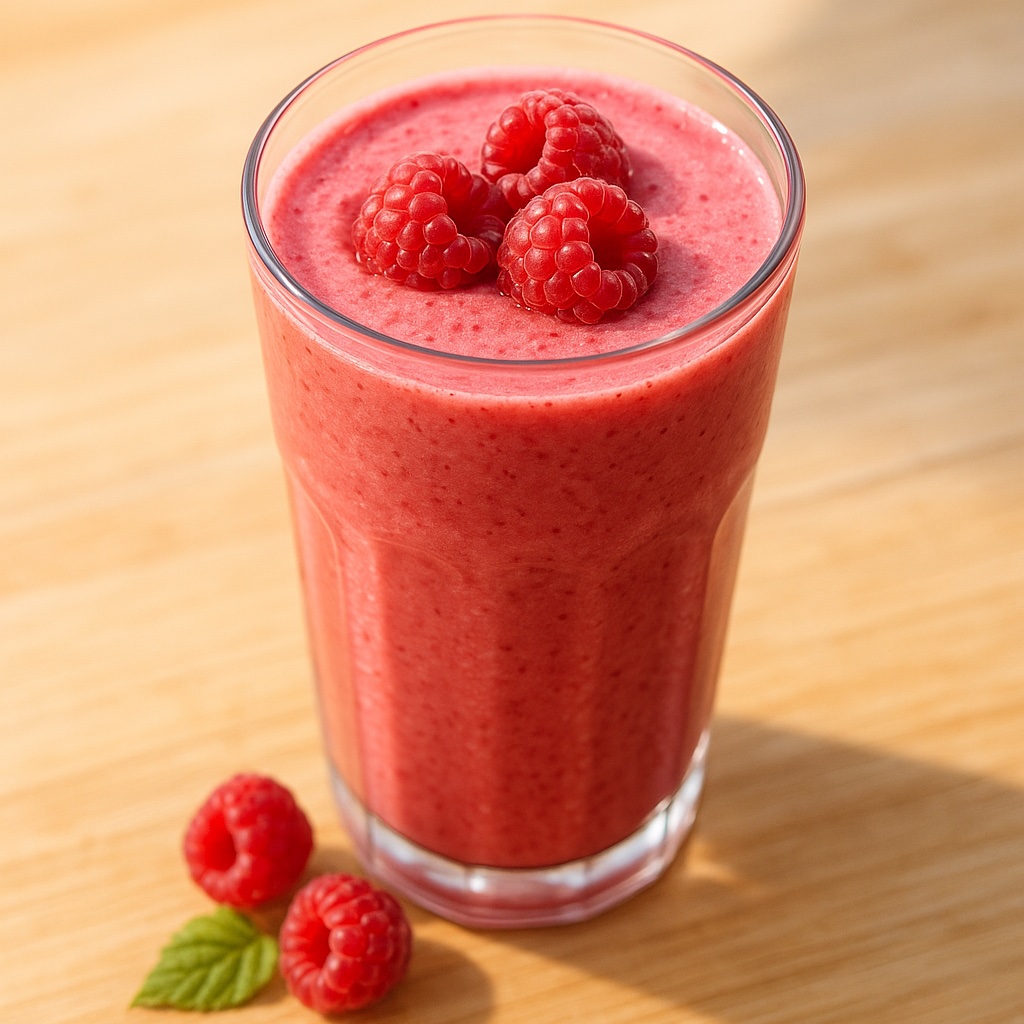 Raspberry smoothie in a glass with fresh raspberries